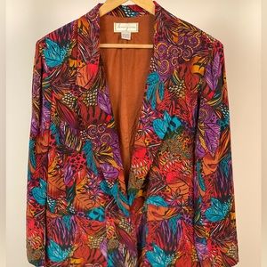 Vintage silk blazer with fall print, size 8, super silky.